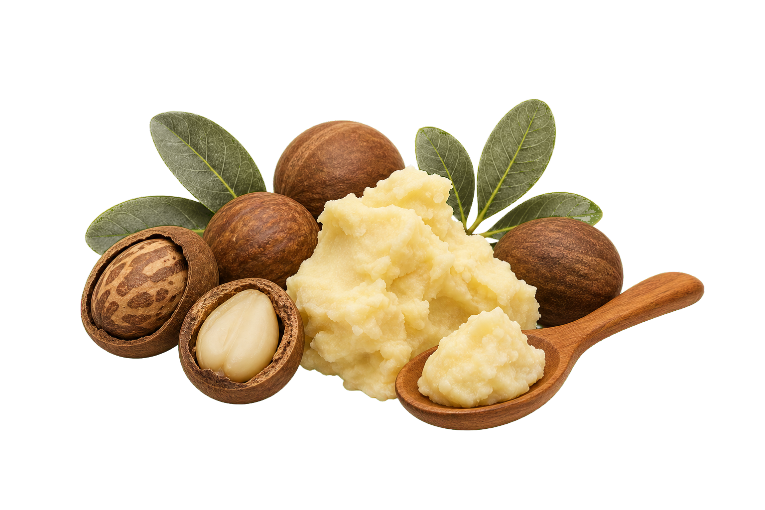 Raw shea nuts, leaves, and creamy Nilotica shea butter