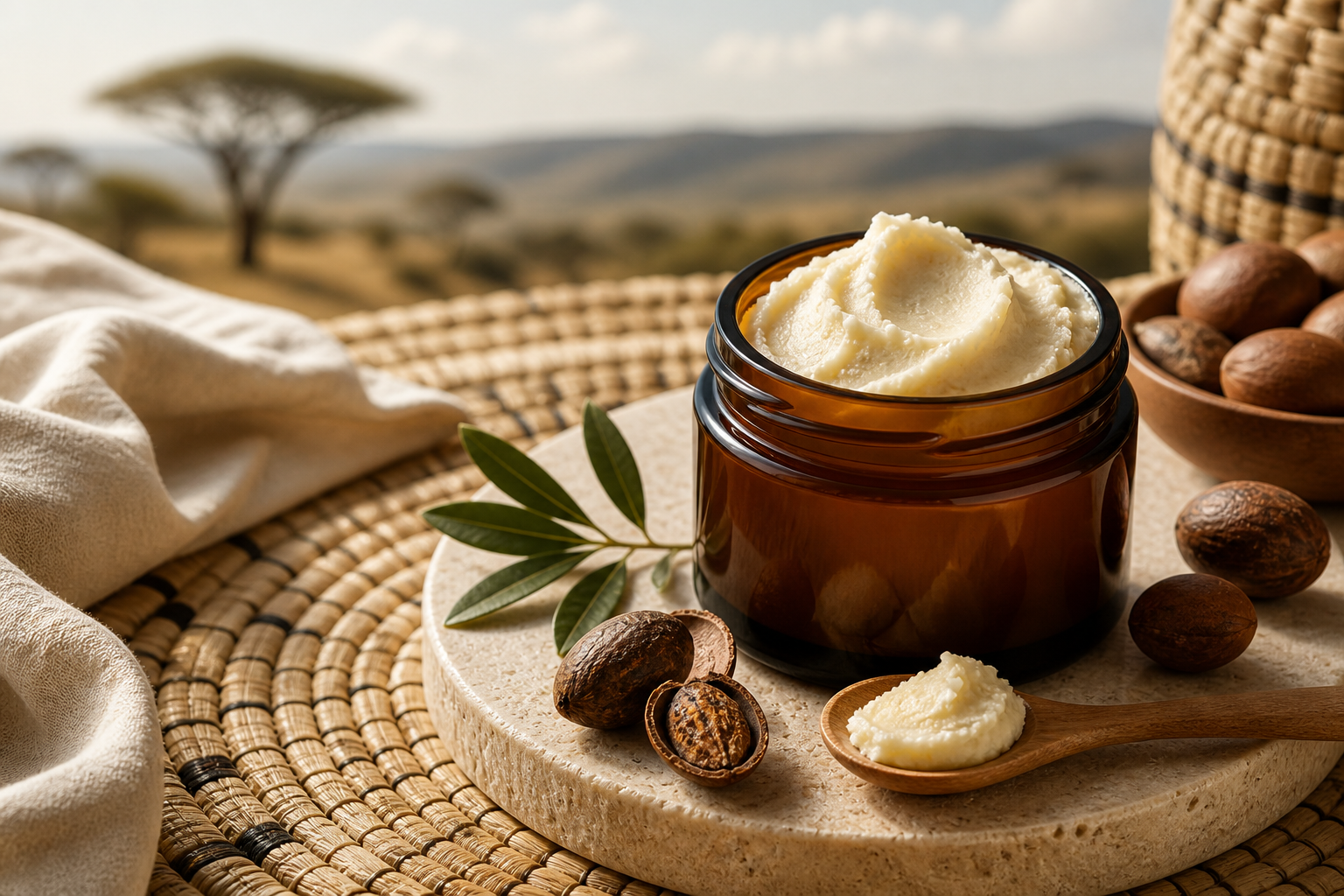Ugandan Nilotica shea butter with shea nuts and source materials