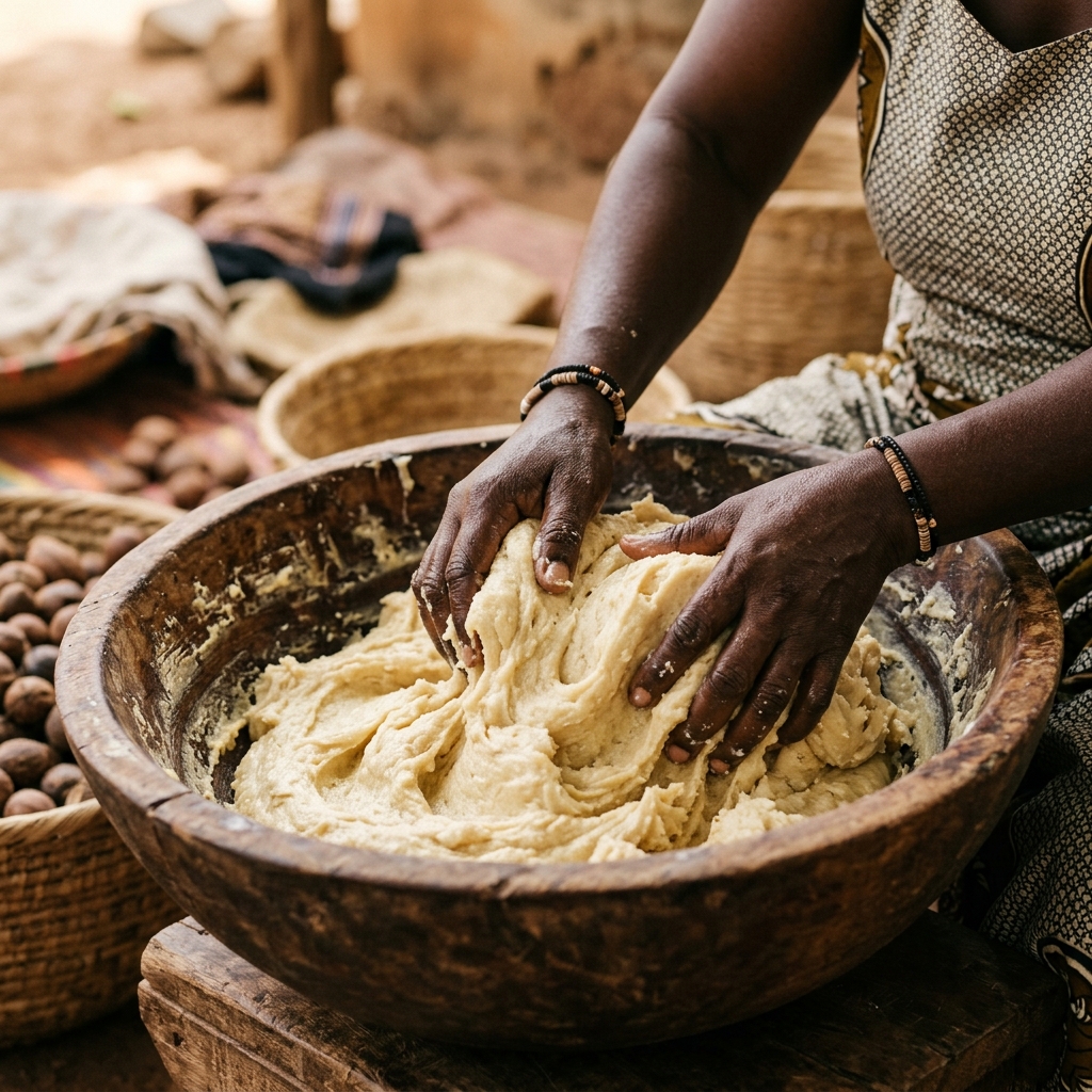 Hands processing raw shea butter