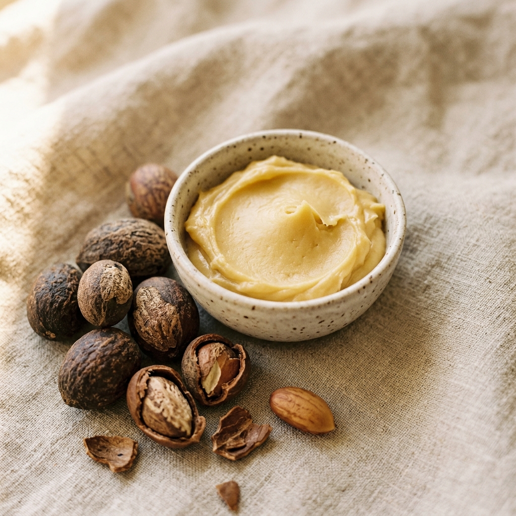 Raw shea nuts and golden shea butter