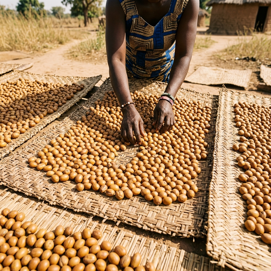 Shea nuts drying on woven mats